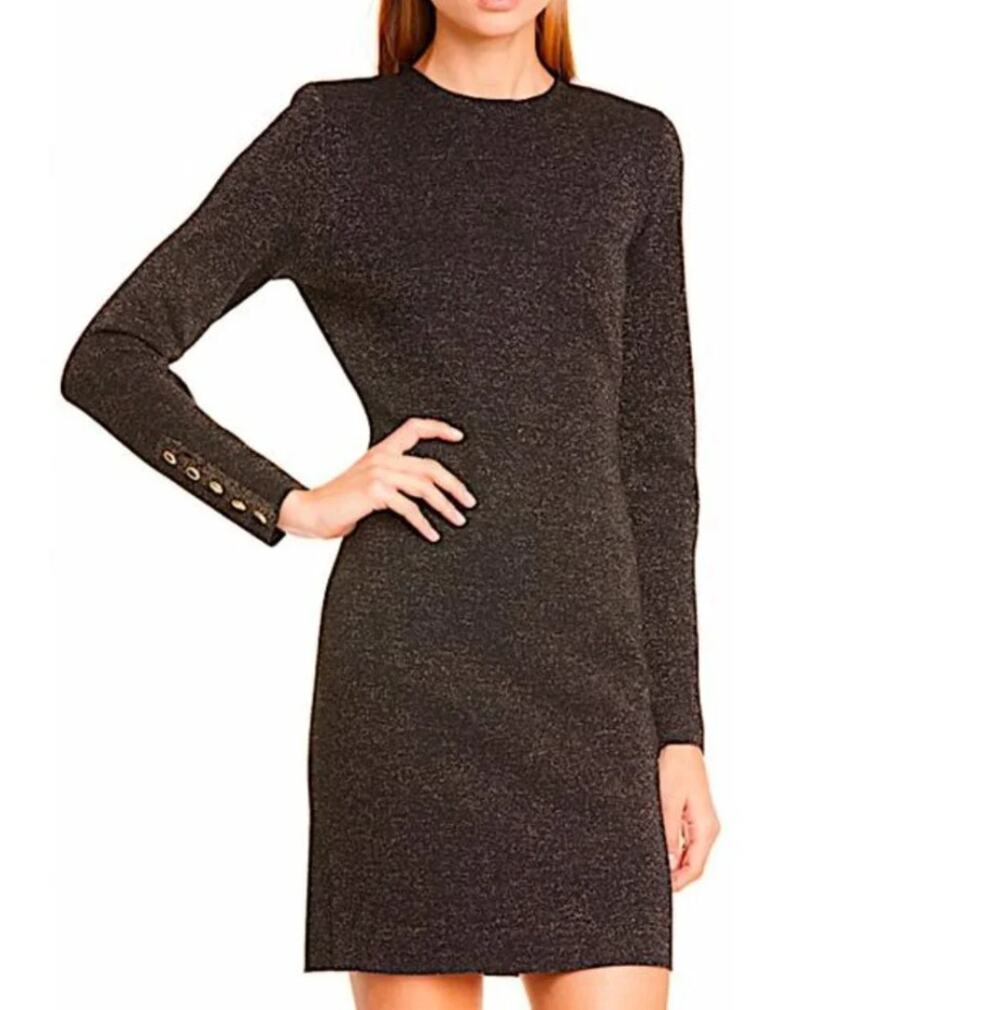 Veronica Beard Black Sharon Gold Metallic Long Sleeve Dress